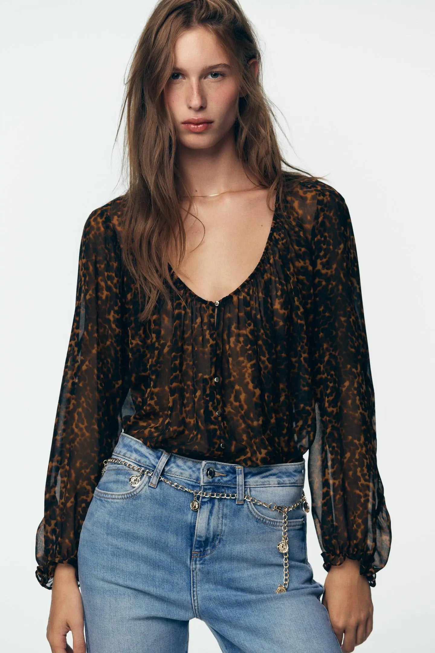ANIMAL PRINT SEMI-SHEER BLOUSE SHIRTS