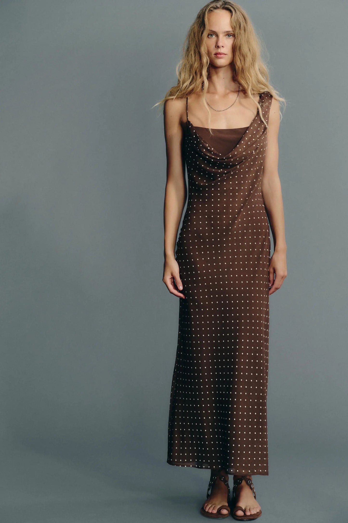 DRAPED NECK POLKA DOT DRESS DRESSES