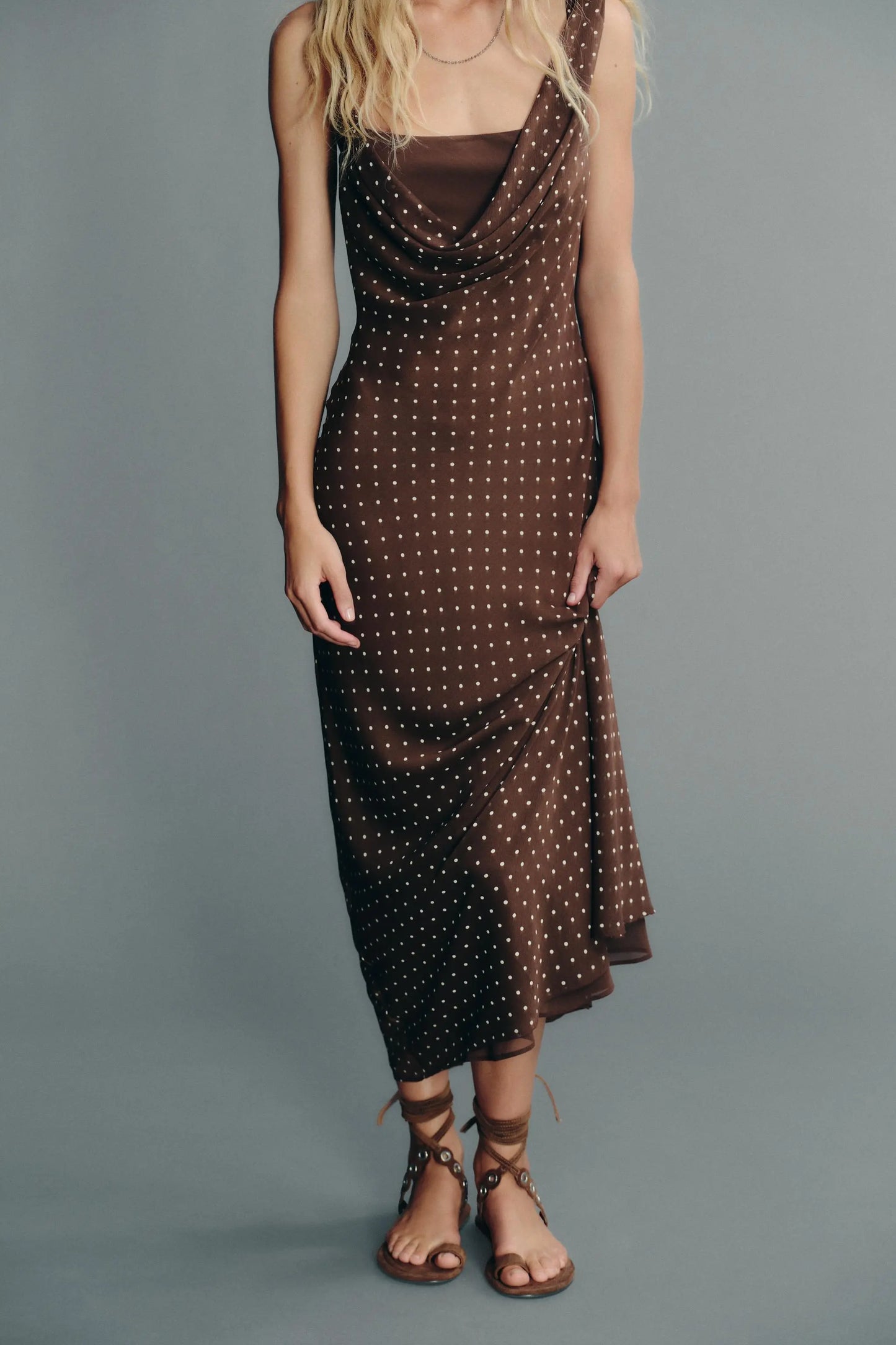 DRAPED NECK POLKA DOT DRESS DRESSES