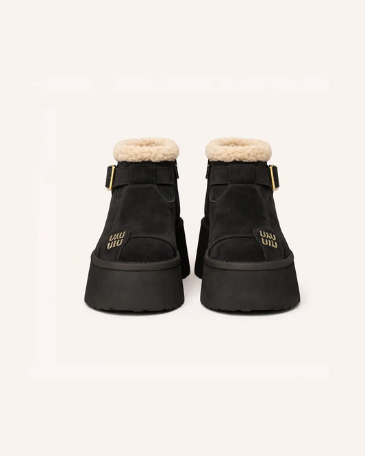 Suede Fur-Lined Platform Ankle Boots Peashe