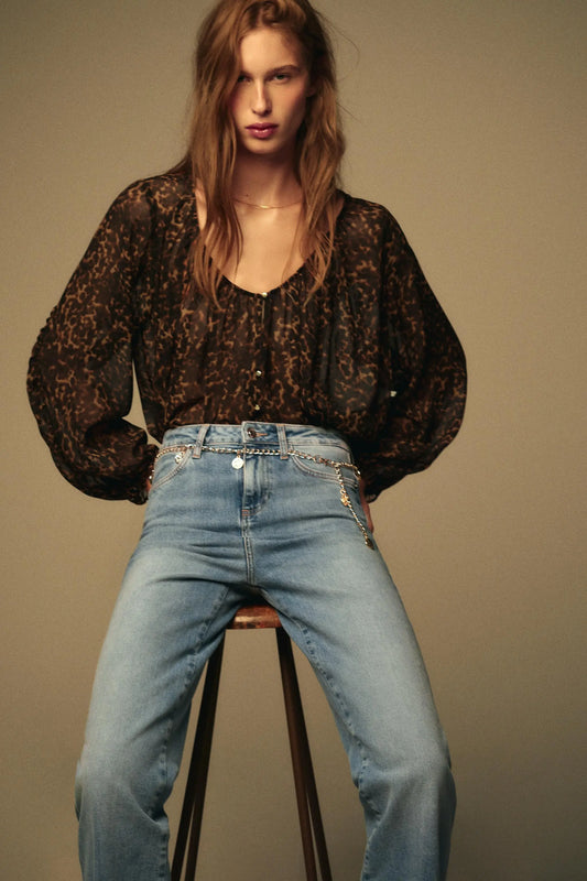 ANIMAL PRINT SEMI-SHEER BLOUSE SHIRTS