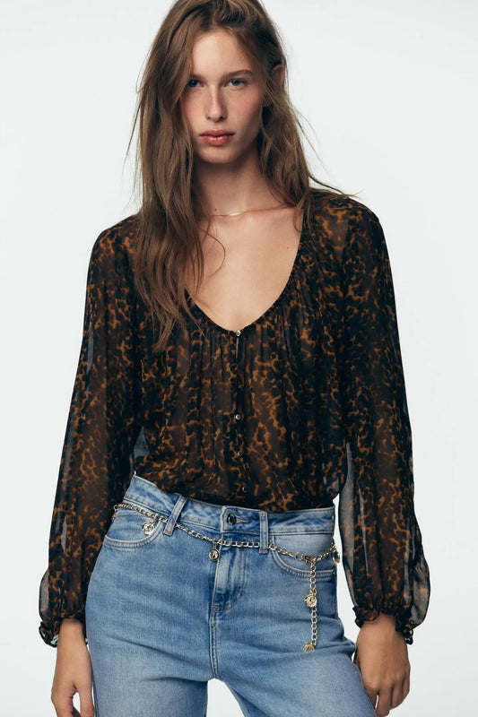 ANIMAL PRINT SEMI-SHEER BLOUSE SHIRTS
