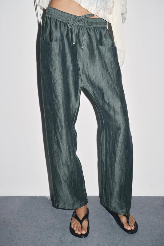 LINEN BLEND TROUSERS WITH CONTRAST STITCHING TROUSERS