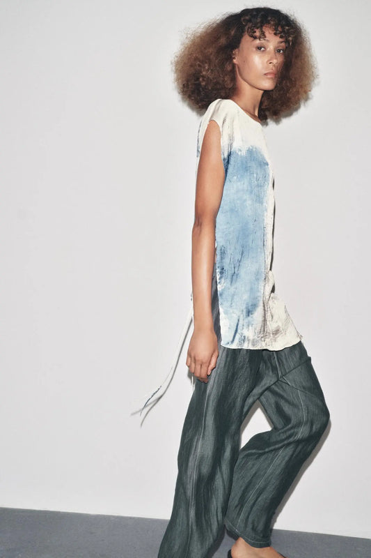 LINEN BLEND TROUSERS WITH CONTRAST STITCHING TROUSERS