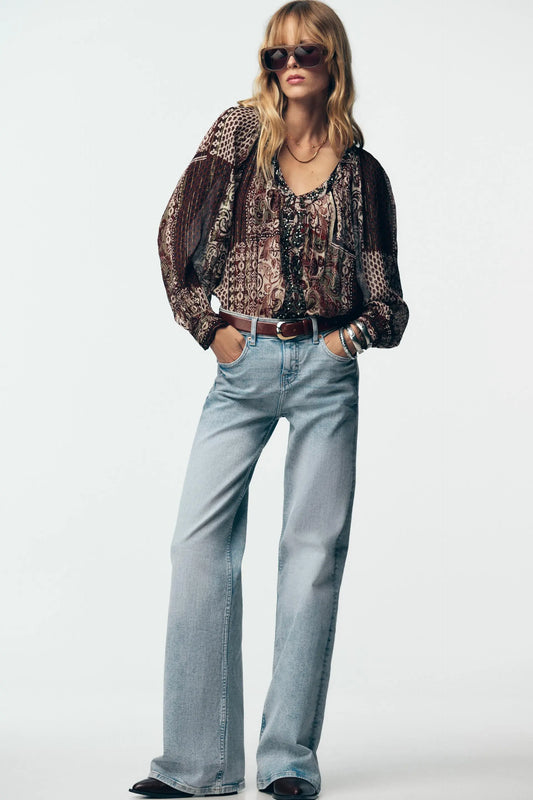 BEADED BLOUSE WITH METALLIC THREAD PRINT SHIRTS