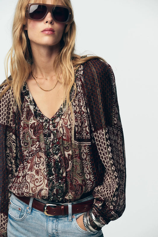 BEADED BLOUSE WITH METALLIC THREAD PRINT SHIRTS