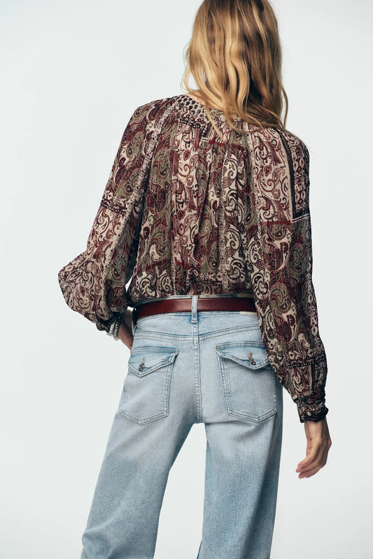 BEADED BLOUSE WITH METALLIC THREAD PRINT SHIRTS