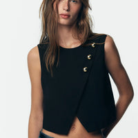 GOLD BUTTON CROSSOVER TOP TOP|BODYSUITS