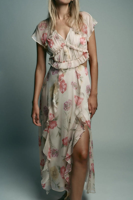 FLORAL PRINT CUT-OUT MIDI DRESS DRESSES