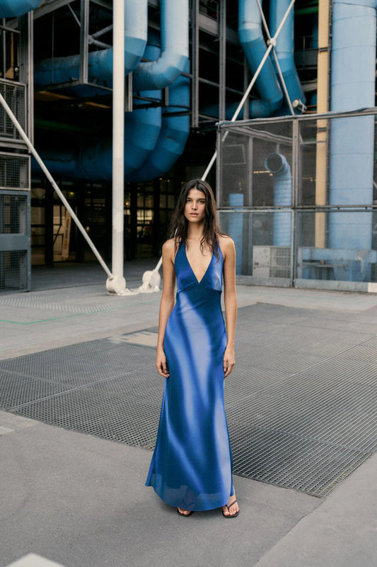 PRINTED HALTER LONG DRESS DRESSES