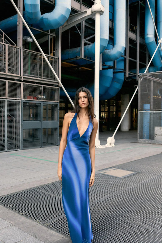 PRINTED HALTER LONG DRESS DRESSES