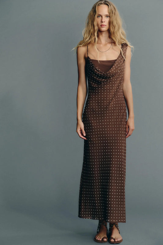 DRAPED NECK POLKA DOT DRESS DRESSES