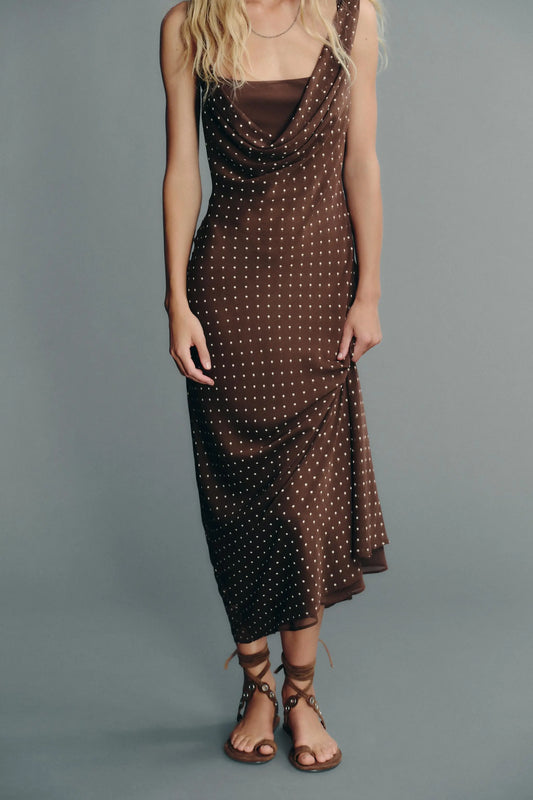 DRAPED NECK POLKA DOT DRESS DRESSES